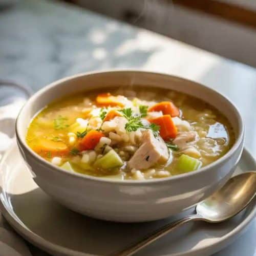 A close-up image of a cozy bowl of homemade chicken soup showing tender diced chicken, sliced carrots, celery, onion, and rice floating in a golden broth, sprinkled with fresh parsley.