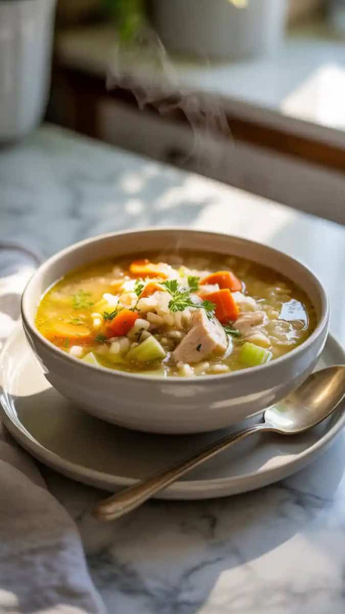 A close-up image of a cozy bowl of homemade chicken soup showing tender diced chicken, sliced carrots, celery, onion, and rice floating in a golden broth, sprinkled with fresh parsley.