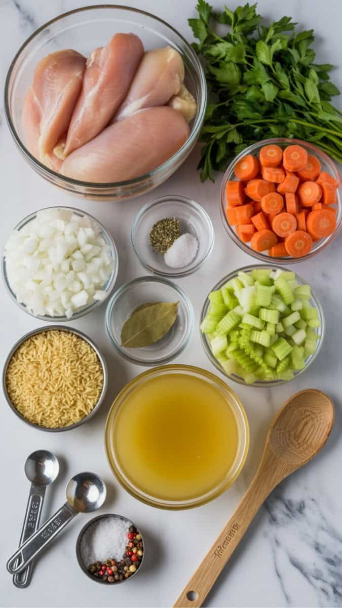ingredients neatly arranged for homemade chicken soup: diced chicken breasts, chopped onion, sliced carrots, chopped celery, minced garlic, dried thyme, bay leaf, uncooked rice, salt, pepper, and chicken broth in clear bowls.