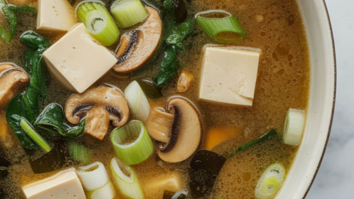 miso soup with tofu mushroom shallots