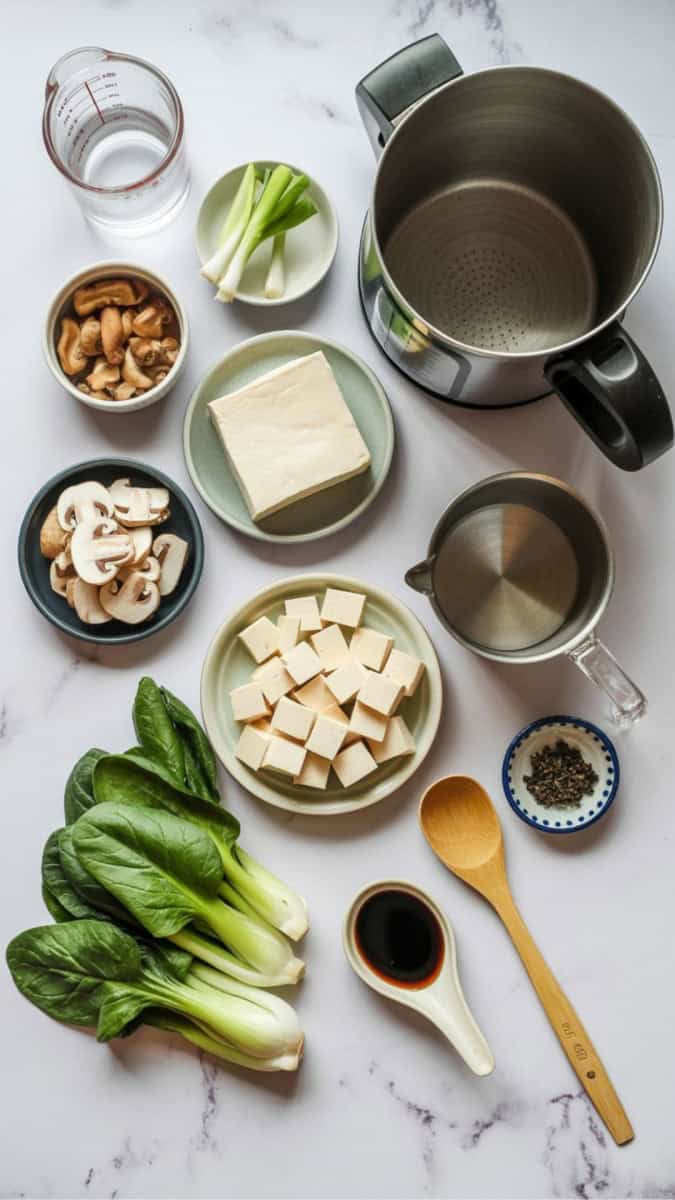 ingredients broth bok choy tofu mushroom shallots