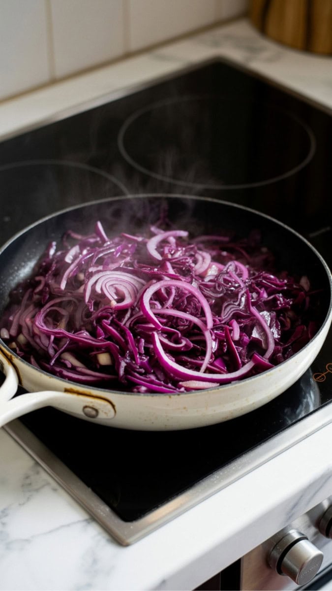 sautéed red cabbage on stovetop