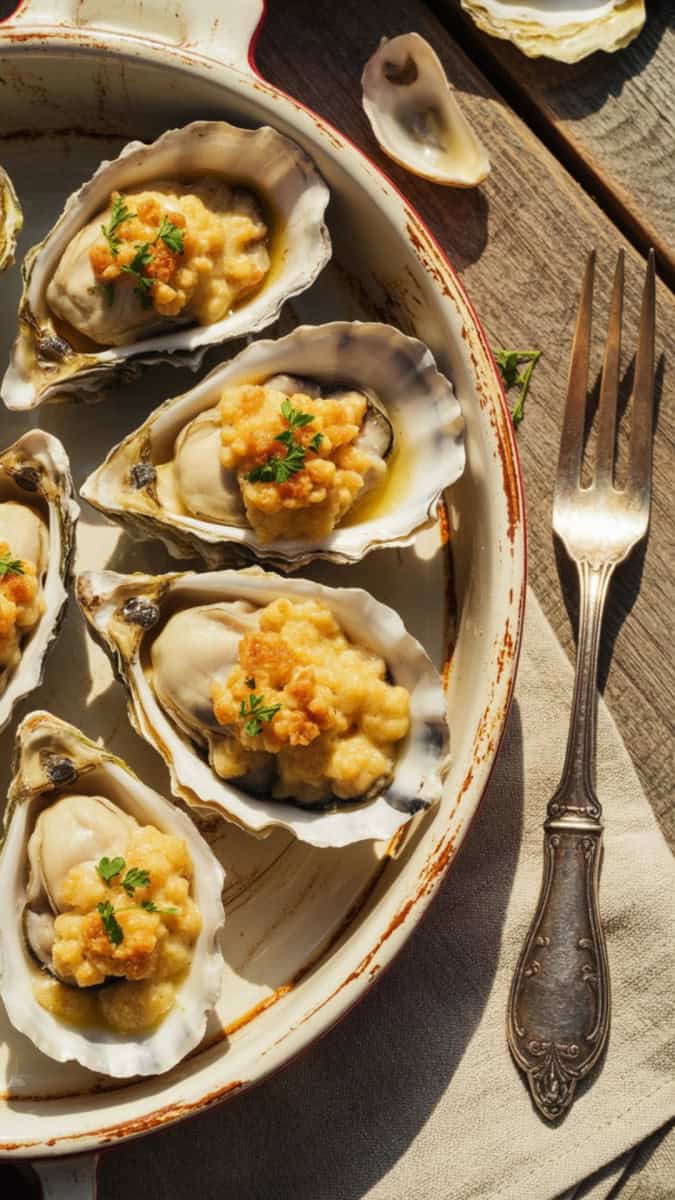 Golden baked casserole dish of scalloped oysters, layers of buttery breadcrumbs and oysters visible under a crispy browned top. Served in a vintage white baking dish with a silver serving spoon, styled on a Thanksgiving table with autumn leaves and candles.