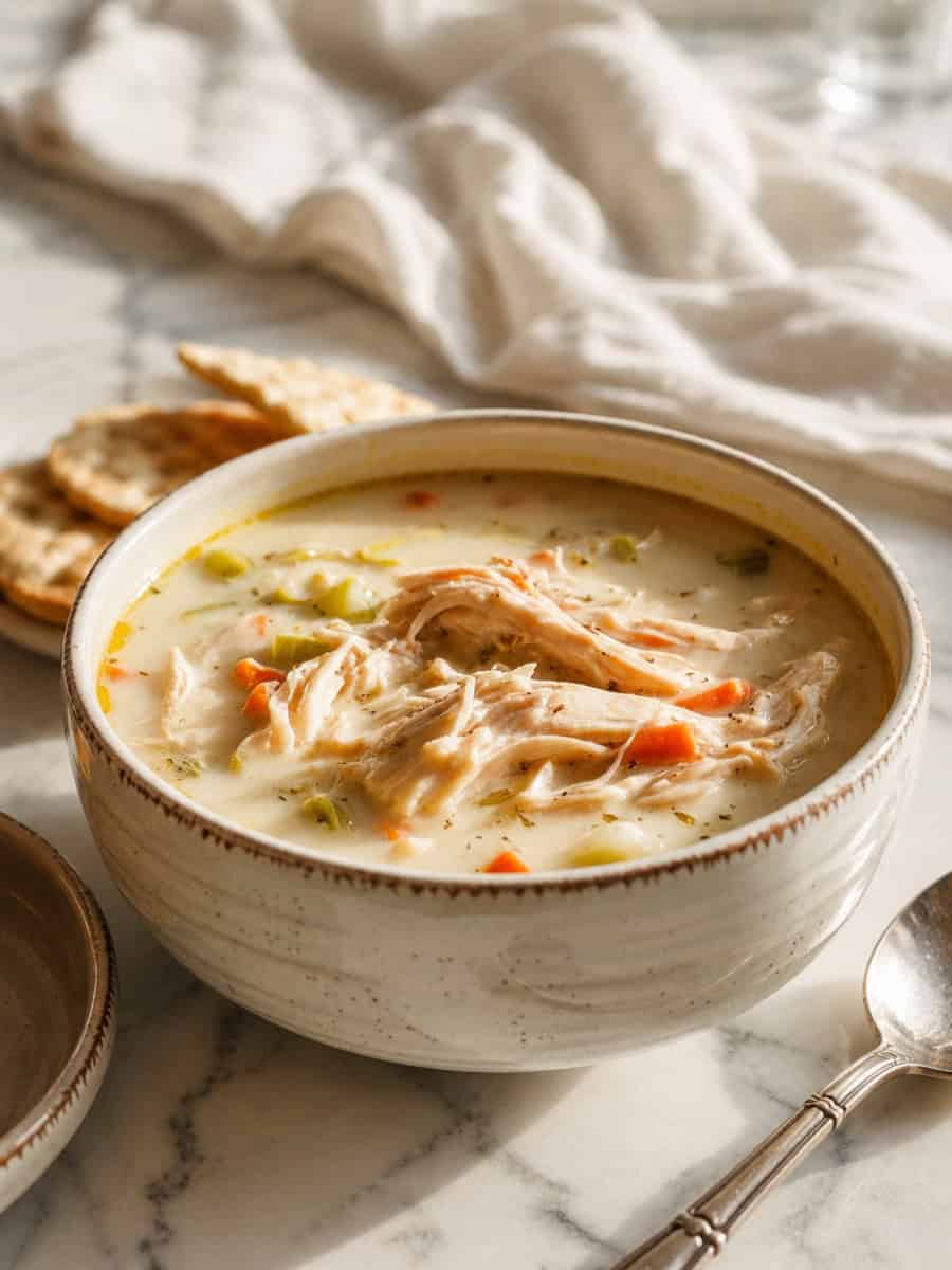creamy chicken and wild rice soup with shredded chicken, carrots and celery in a rustic bowl, served with crackers