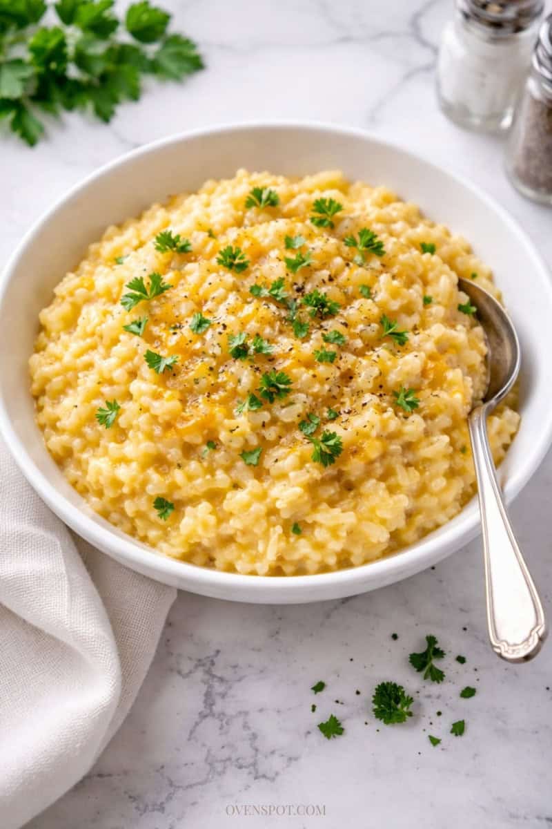 Creamy cheddar risotto in a white bowl garnished with fresh parsley and cracked black pepper, served with a spoon on a white marble countertop.