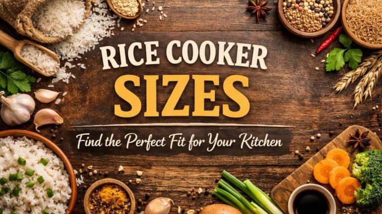 Rustic kitchen-style image with grains, rice, vegetables, and text reading ‘Rice Cooker Sizes’ on a wooden background.