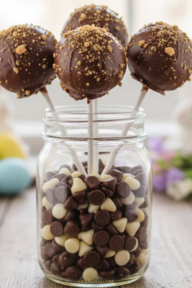 S’mores cake pops coated in chocolate and graham cracker crumbs, standing upright in a mason jar filled with candy