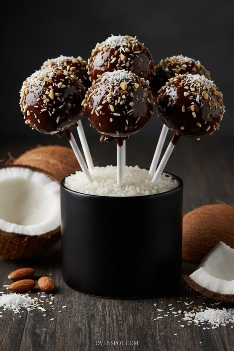 Almond Joy cake pops topped with coconut and almonds displayed in a dark dessert holder