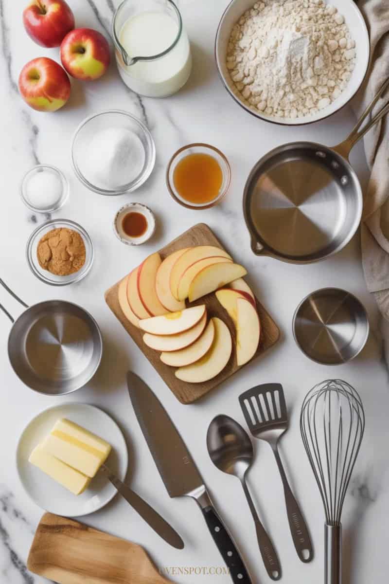Ingredients and tools arranged on marble for making apple cinnamon German pancake.