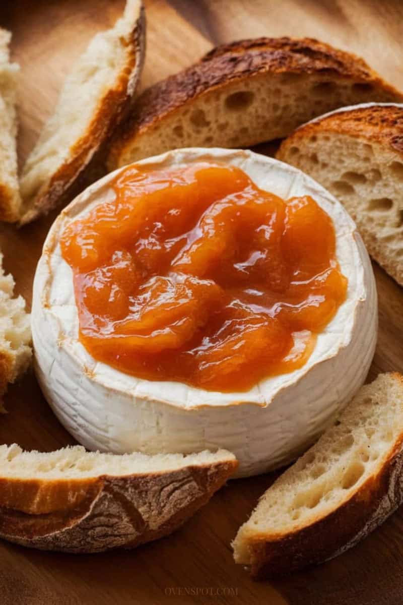 Warm baked brie topped with apricot jam served with sliced bread