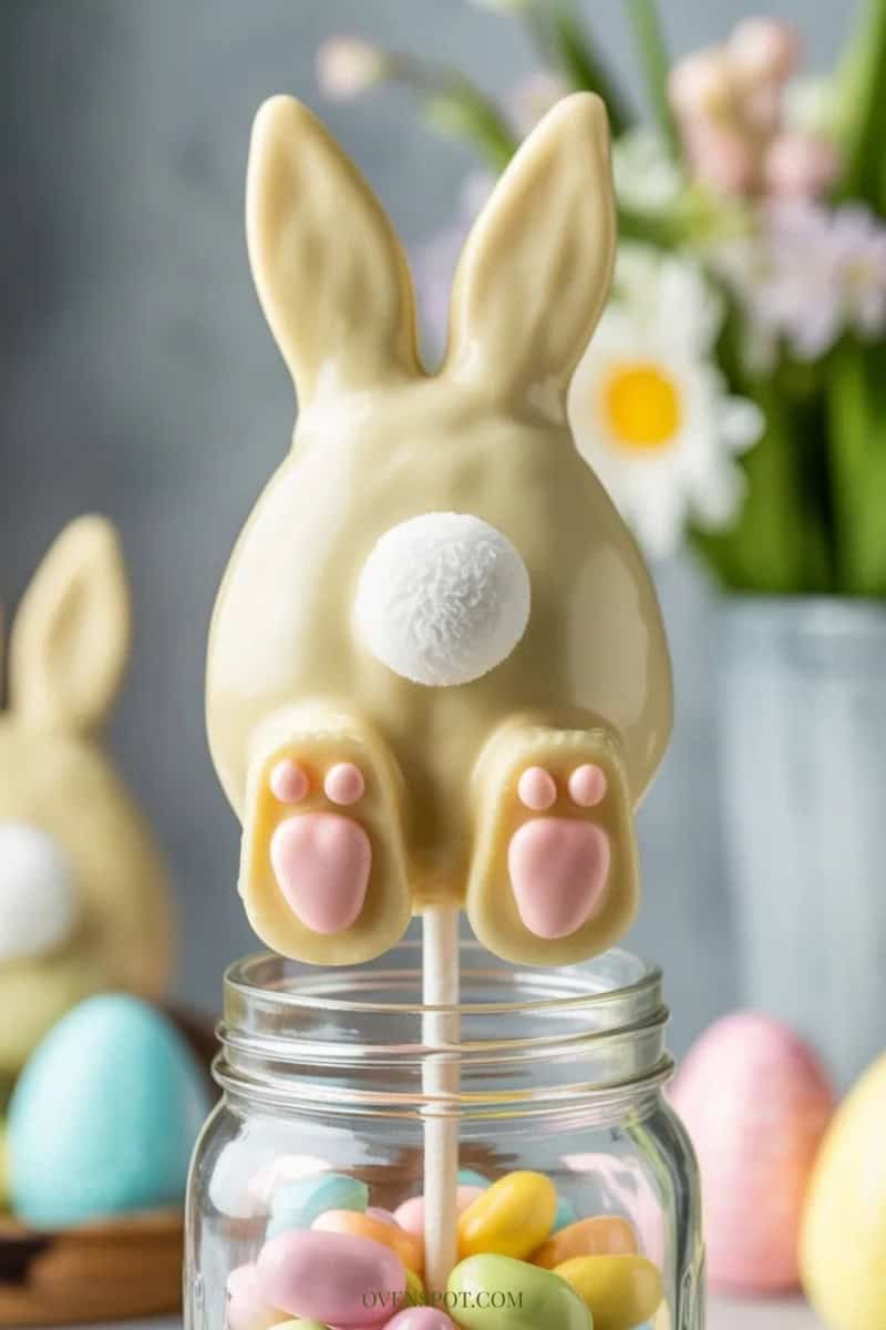 Bunny butt Easter cake pops with white chocolate coating and marshmallow tails, displayed upright in a mason jar filled with jelly beans