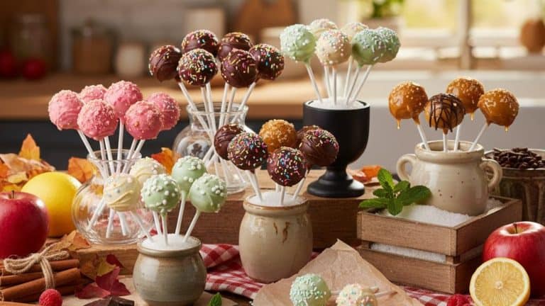 Assorted cake pops in delicious flavors styled on a rustic table with decorative holders and colorful toppings
