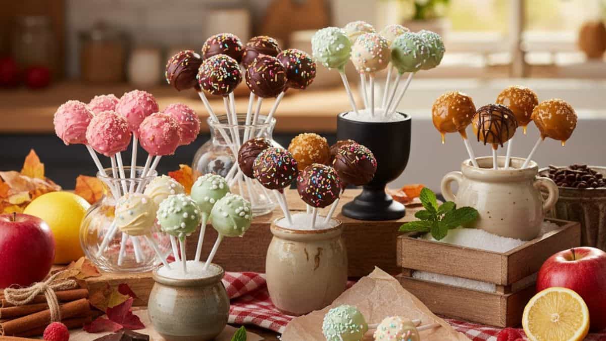 Assorted cake pops in 15 delicious flavors styled on a rustic table with decorative holders and colorful toppings