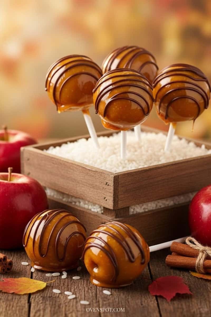 Caramel apple cake pops displayed in a rustic crate with apples and fall leaves