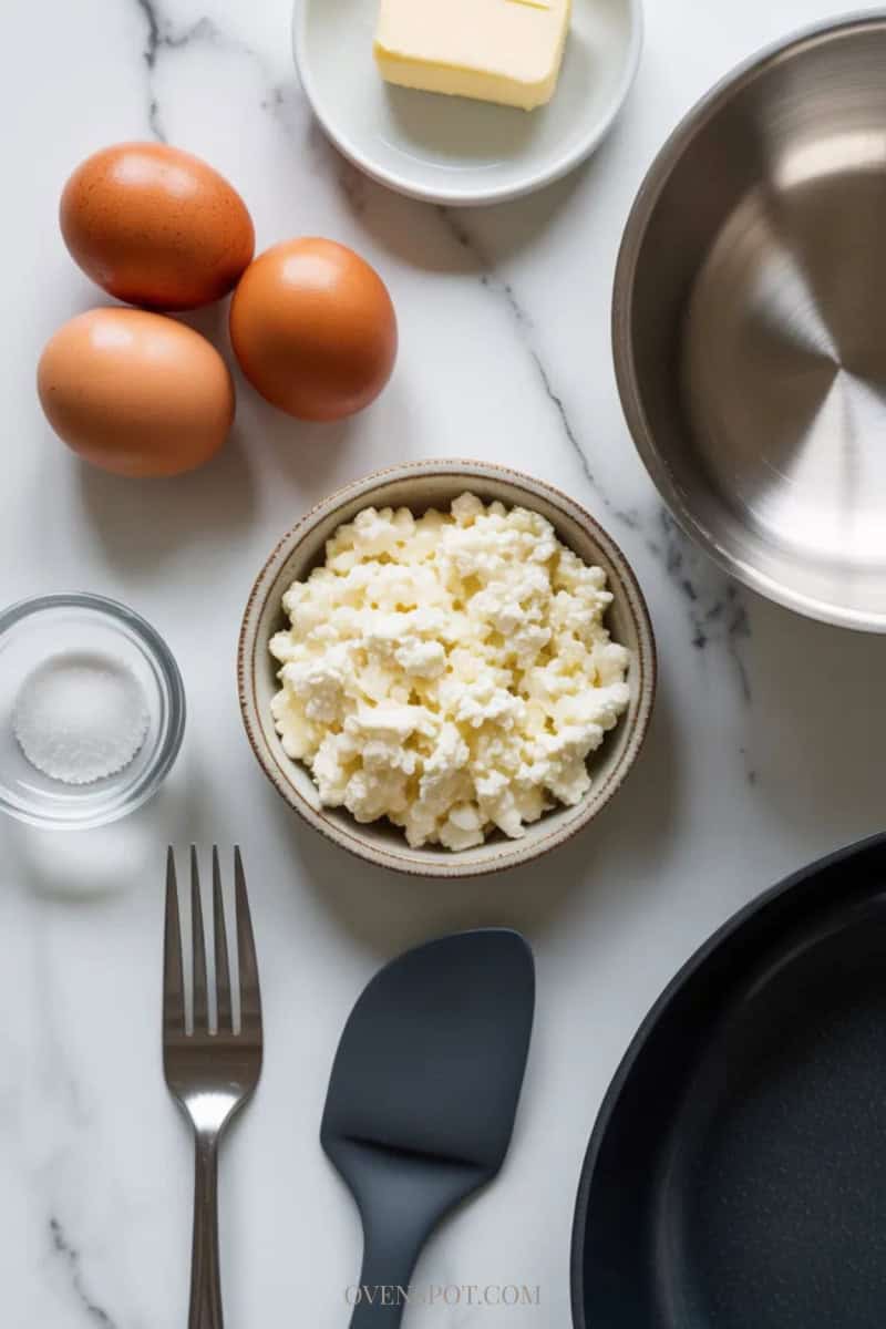 Top-down view of eggs, cottage cheese, butter, and salt with a mixing bowl, whisk, spatula, and skillet on a white marble counter.