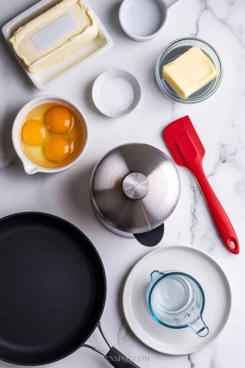 Ingredients and tools for carnivore cream cheese crepes on a white marble counter.