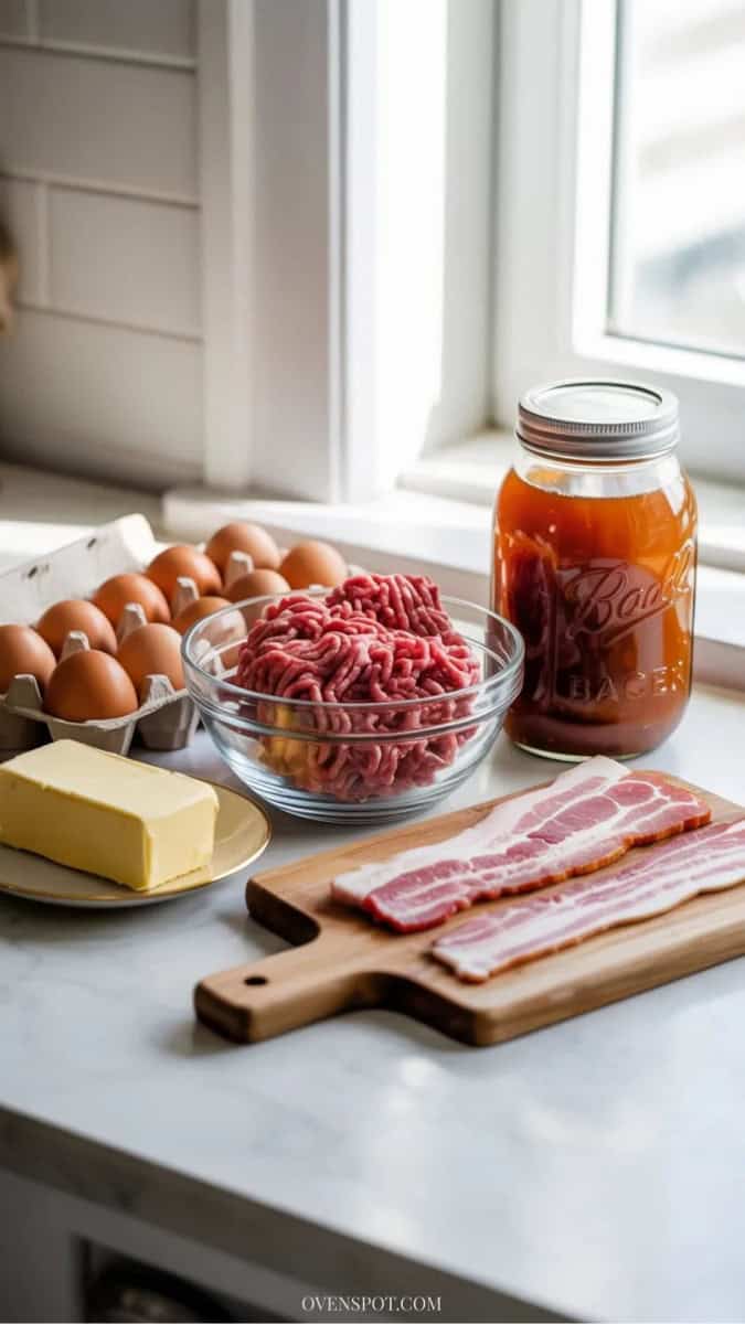Carnivore transition foods including ground beef, eggs, bacon, butter, and bone broth.