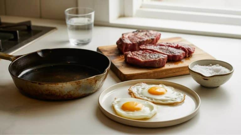 Ribeye steak and fried eggs served as a simple carnivore-friendly meal for keto lovers.