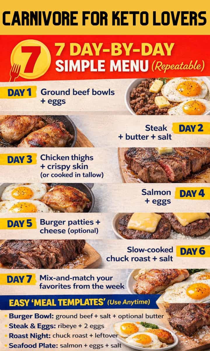 Carnivore for Keto Lovers infographic with a repeatable 7-day menu and easy meal templates.