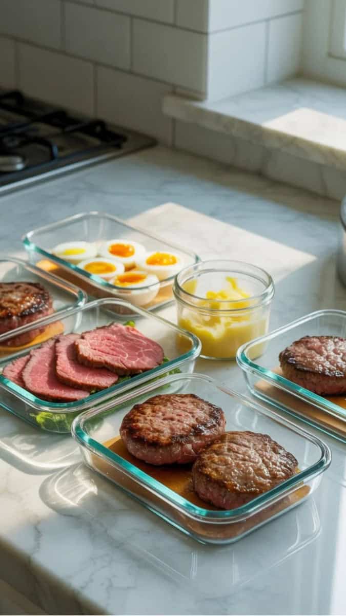 Carnivore meal prep with burger patties, sliced roast beef, and eggs for an easy week.