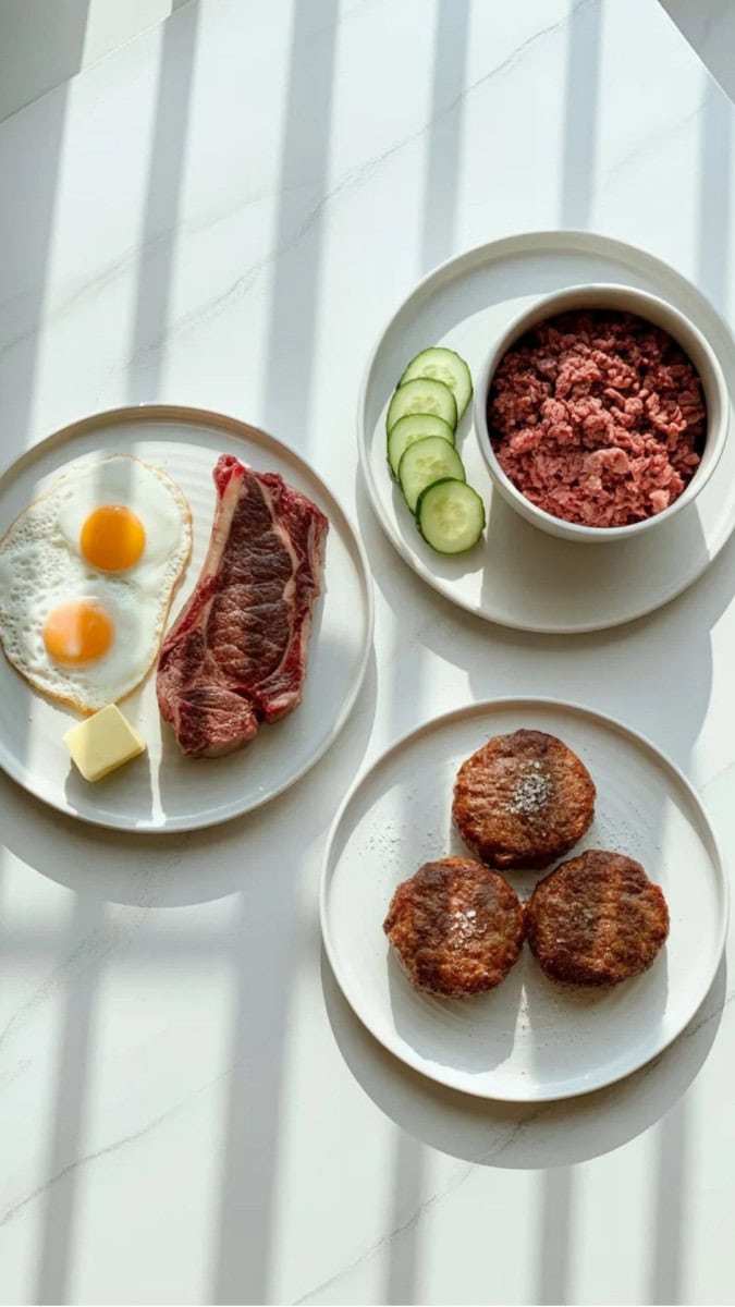 Three simple meal plates showing transition options from keto to carnivore.