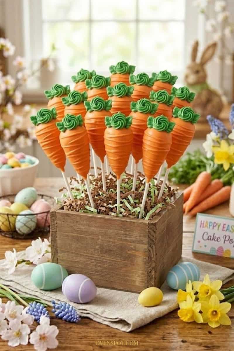 Carrot-shaped carrot cake pops coated in bright orange candy melts with green piped tops, displayed upright in a rustic wooden box