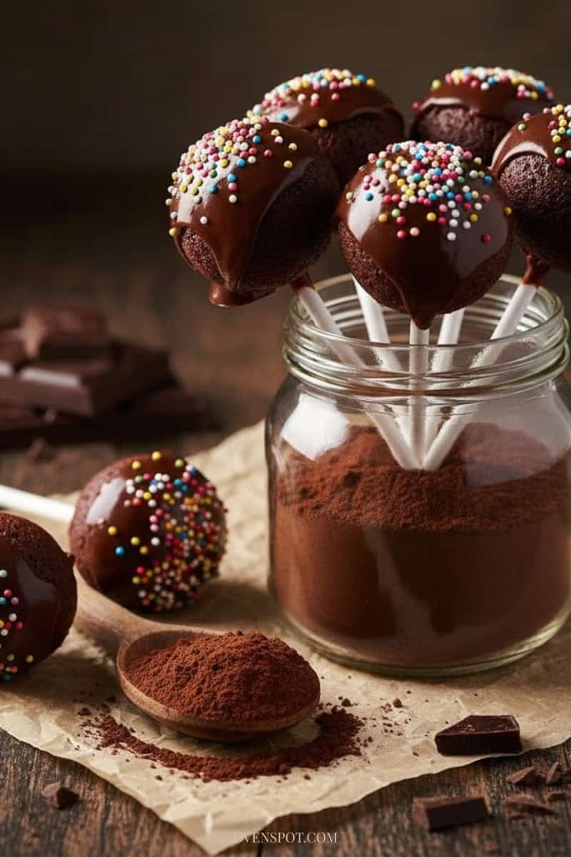 Chocolate fudge cake pops with sprinkles styled on parchment with some standing in cocoa powder