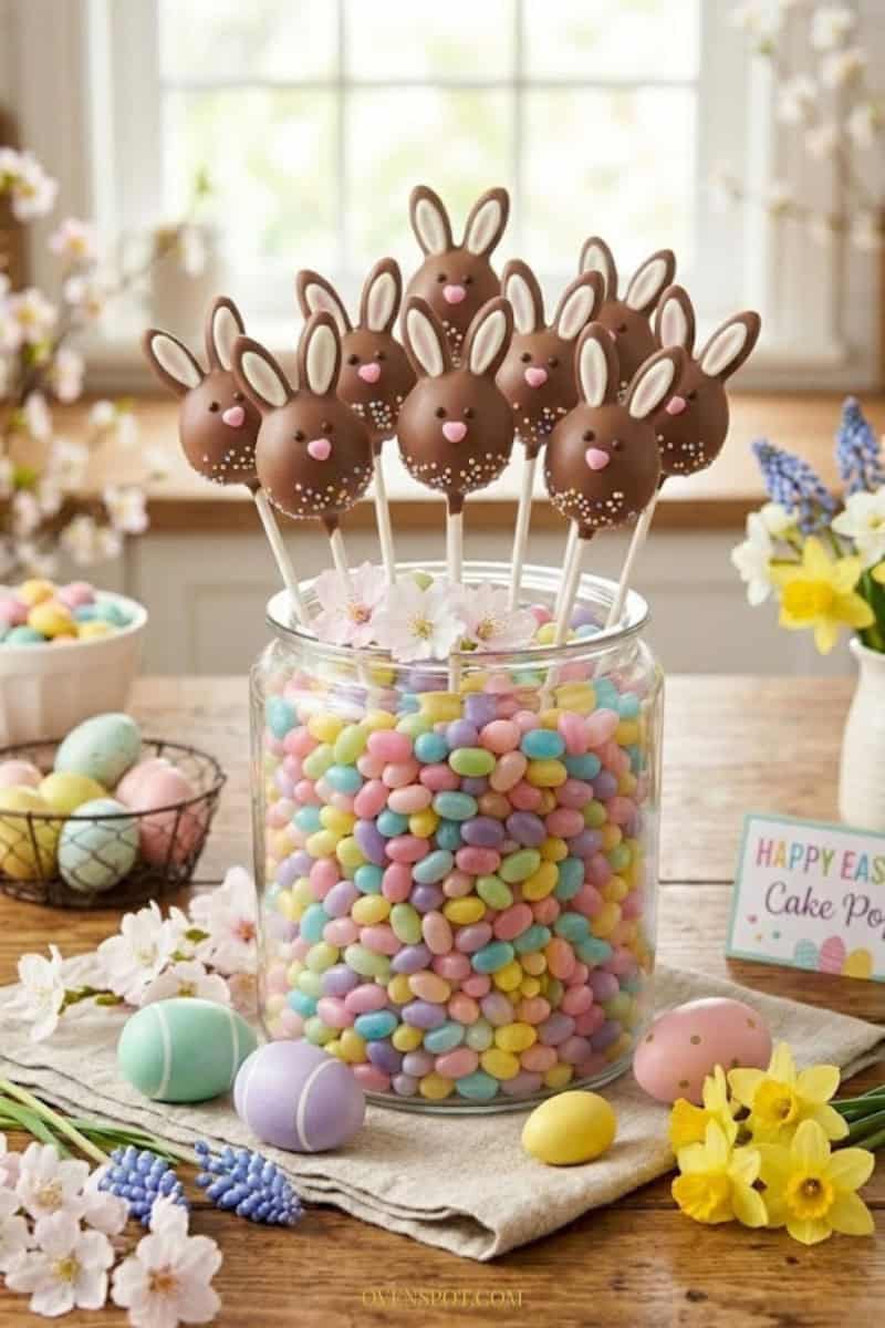 Chocolate bunny Easter cake pops with milk chocolate coating and white candy ears, standing upright in a white ceramic cake pop stand with pastel Easter decorations