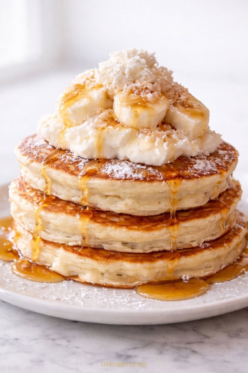 Sweet coconut cream pancakes stacked on a white plate with coconut cream drizzle, toasted coconut, and white chocolate curls.