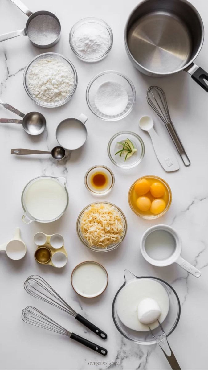 ingredients and tools for coconut cream pancakes on a white marble counter