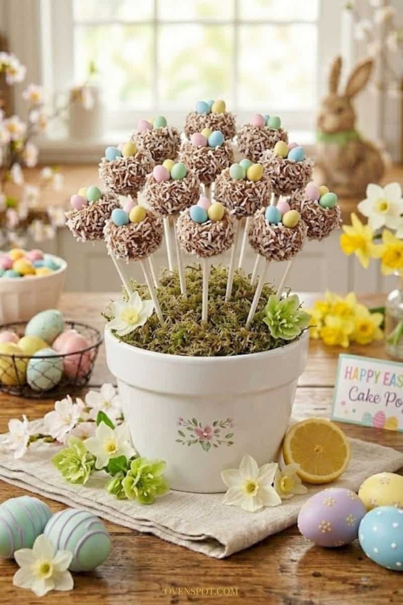 Coconut Easter cake pops rolled in shredded coconut with mini candy eggs on top, standing upright in a white planter filled with decorative moss