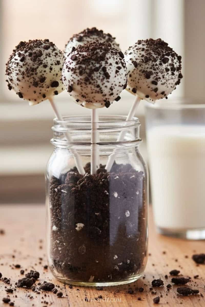 Cookies and cream cake pops standing in a jar of crushed cookies with milk and cookie crumbs