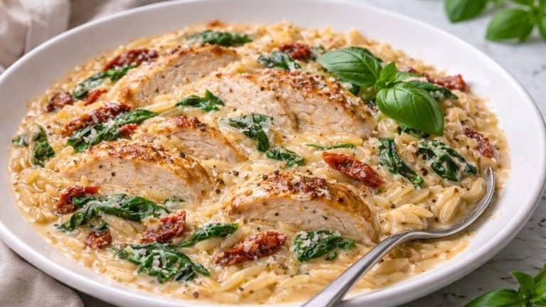 Creamy one pot chicken orzo on a white plate with spinach, parmesan, and parsley.