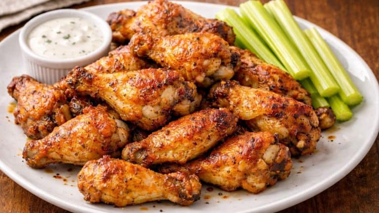 Crispy baked chicken wings piled on a white plate with ranch dipping sauce and celery sticks, golden-brown and crackly with visible seasoning.