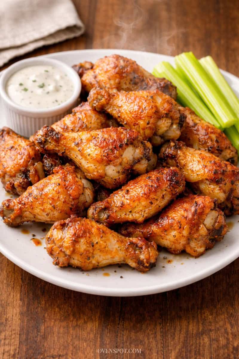 Crispy baked chicken wings piled on a white plate with ranch dipping sauce and celery sticks, golden-brown and crackly with visible seasoning.