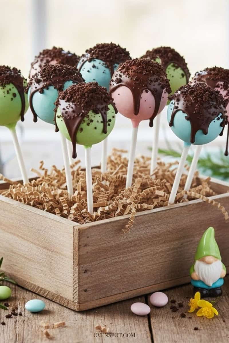 Pastel Easter cake pops with chocolate drizzle and cookie crumble topping, displayed upright in a rustic wooden box