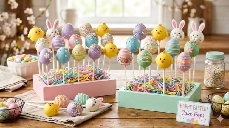 cake pops are in the shape of chicks, bunnies, and eggs, and are decorated with colorful sprinkles and frosting