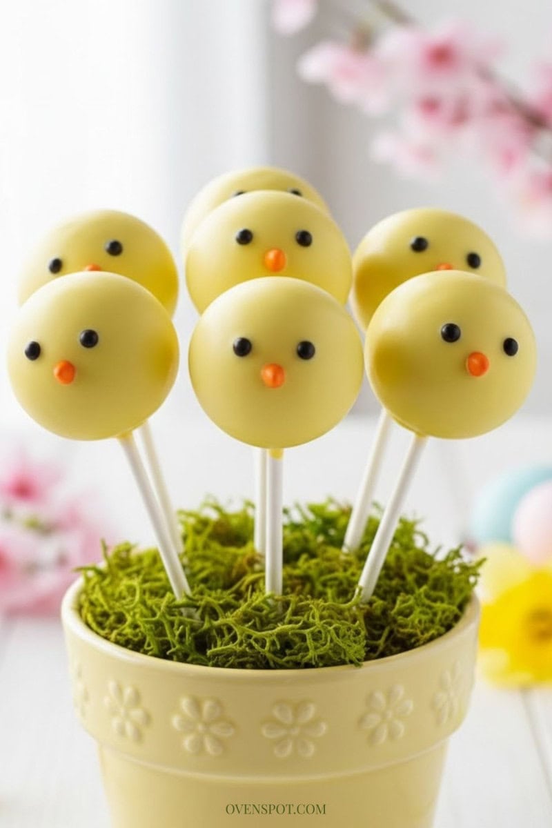 Yellow chick Easter cake pops with candy eyes and orange beaks, standing upright in a planter with decorative moss
