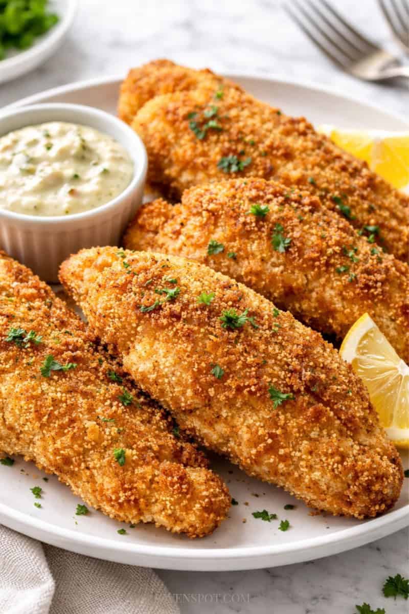 Crispy oven fried catfish on a white plate with lemon wedges and tartar sauce.