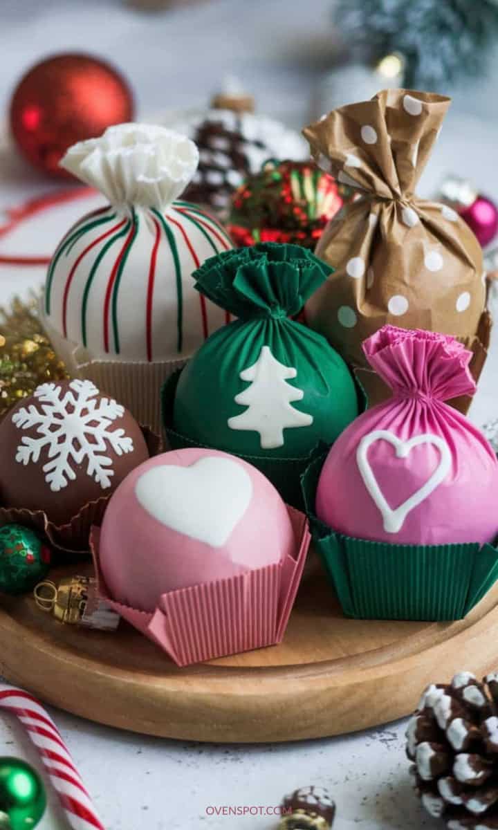 hot chocolate bombs wrapped in various decorative wrapping for gifting