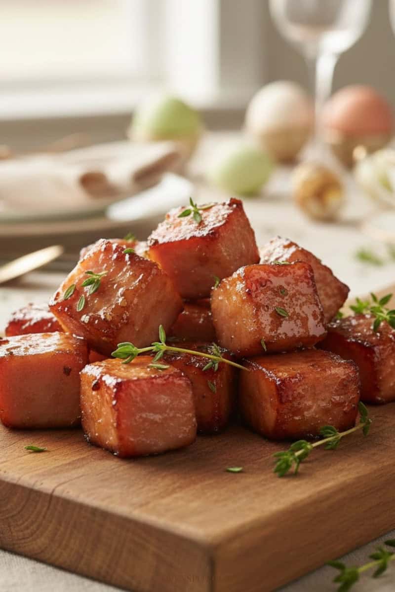 Caramelized honey glazed ham bites on a wooden serving board with fresh herbs