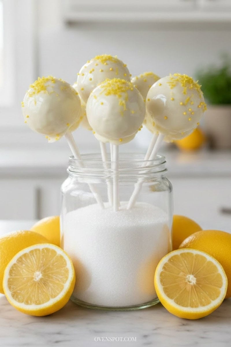 Lemon zest cake pops in white chocolate standing in a sugar-filled glass jar on a rustic table with fresh lemons