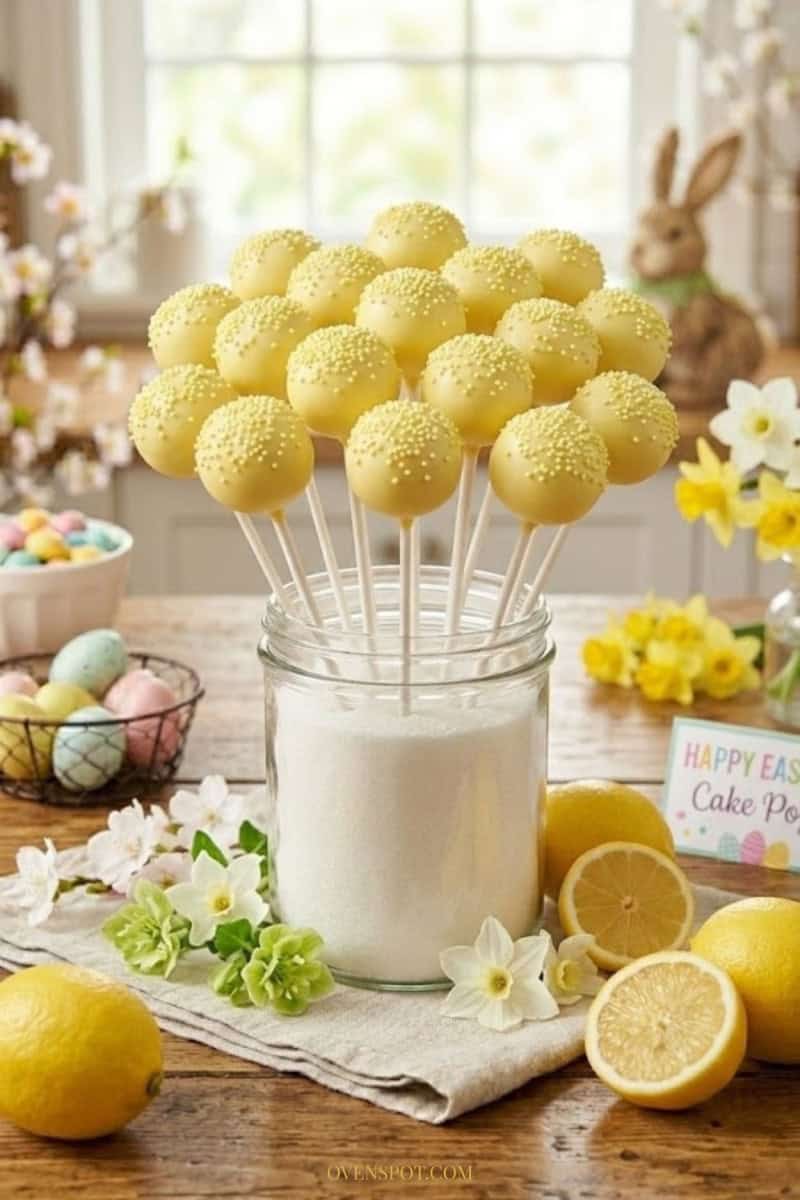 Lemon Easter cake pops coated in pastel yellow chocolate with sprinkles, standing upright in a clear glass jar filled with sugar, styled with fresh lemons and spring flowers