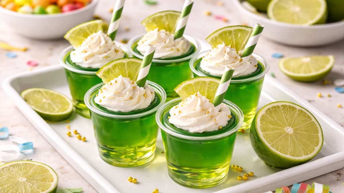 Six bright green lime jello shots in clear plastic cups topped with whipped cream, lime wedges, and striped paper straws, arranged on a white serving tray with sliced limes and party decorations.