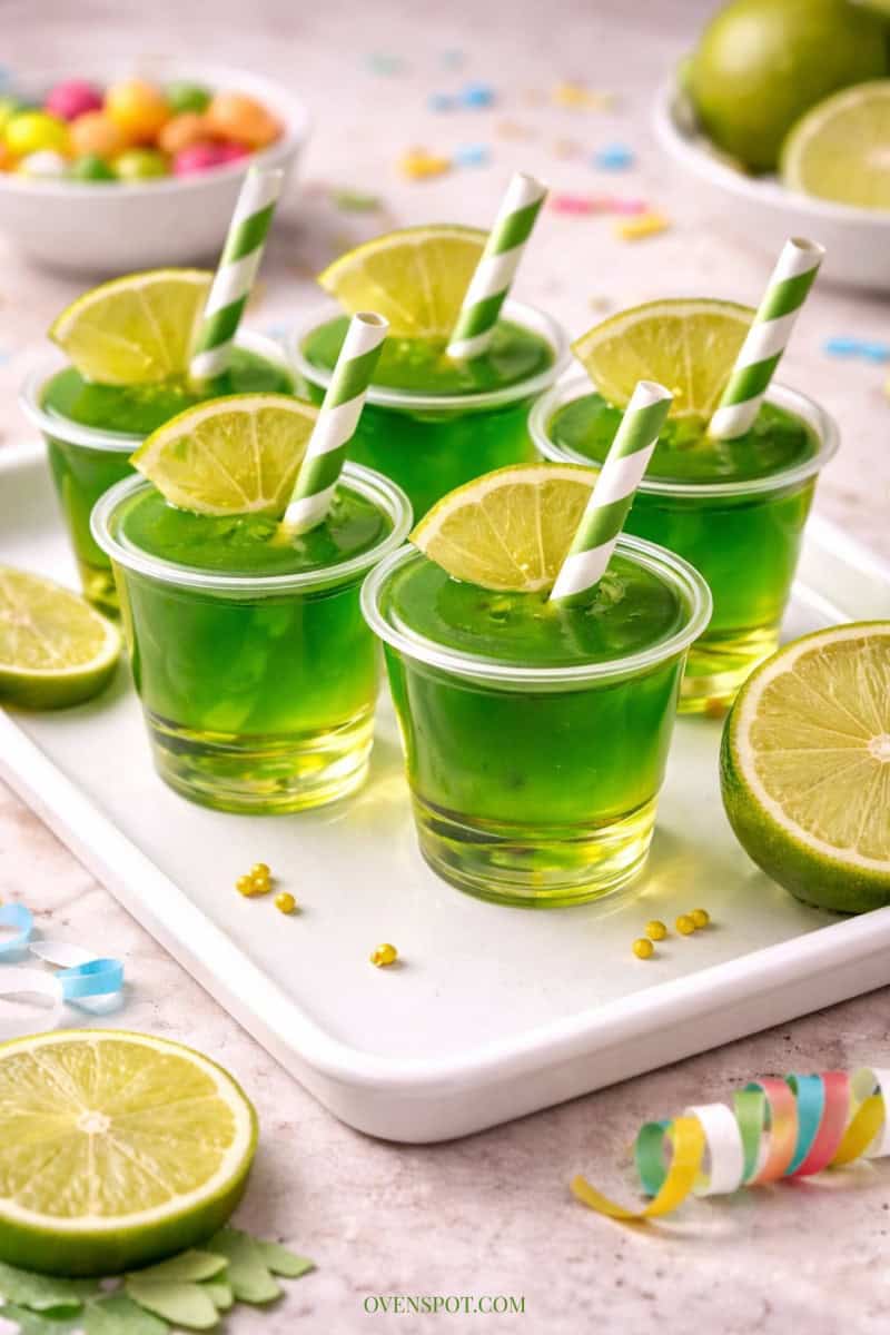 Six bright green lime jello shots in clear plastic cups topped with fresh lime wedges and striped paper straws, arranged on a white tray with sliced limes and colorful party decorations in the background.