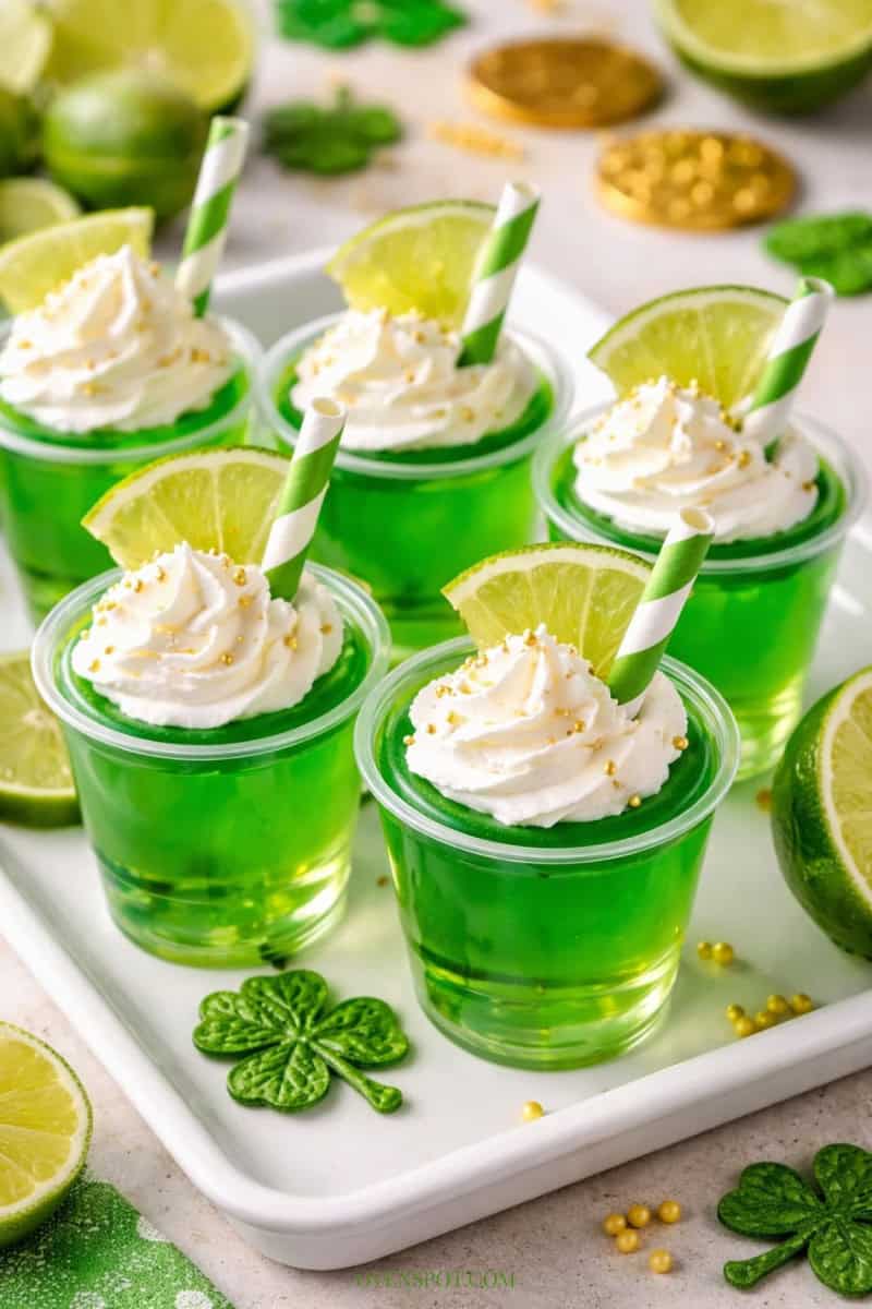 Festive green lime jello shots topped with whipped cream and lime wedges, displayed on a white tray with shamrock decorations and gold accents for a St. Patrick’s Day party.
