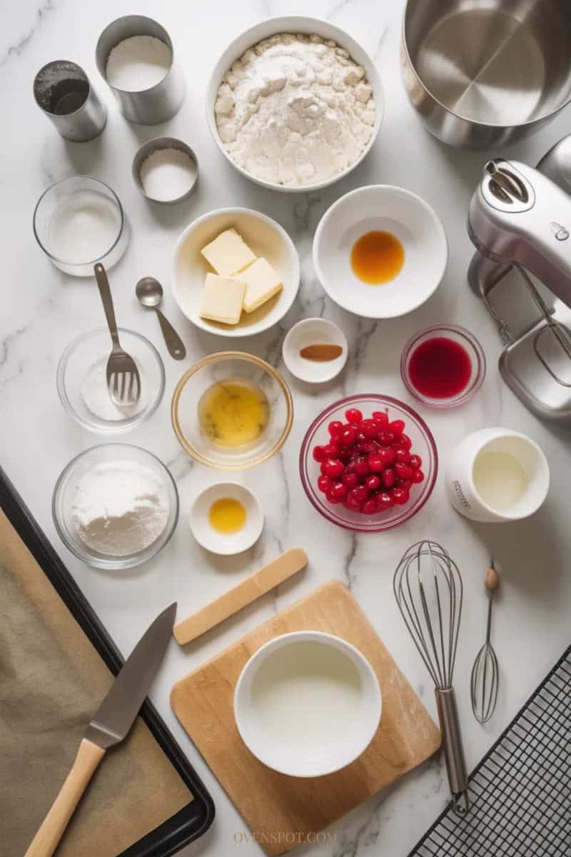 Ingredients and tools for maraschino cherry sugar cookies arranged on a white marble counter.