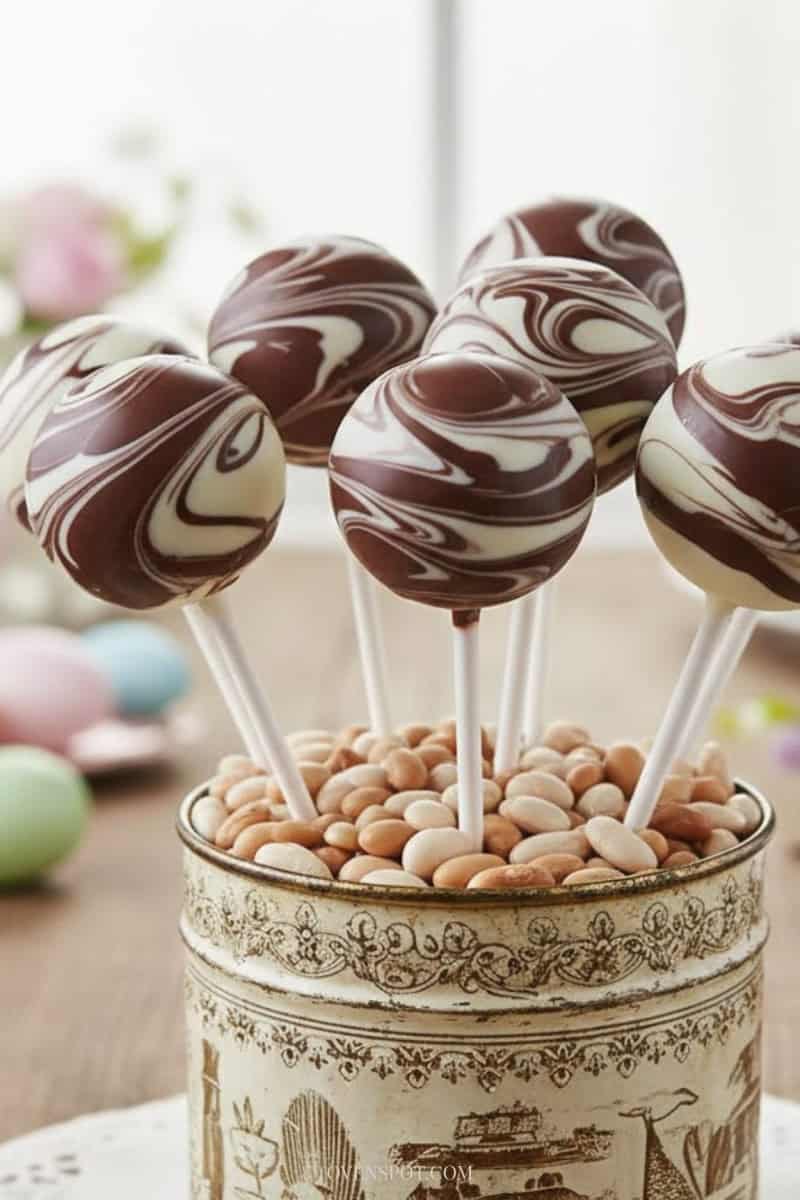 Marble swirl Easter cake pops with white and dark chocolate coating, standing upright in a decorative tin filled with beans