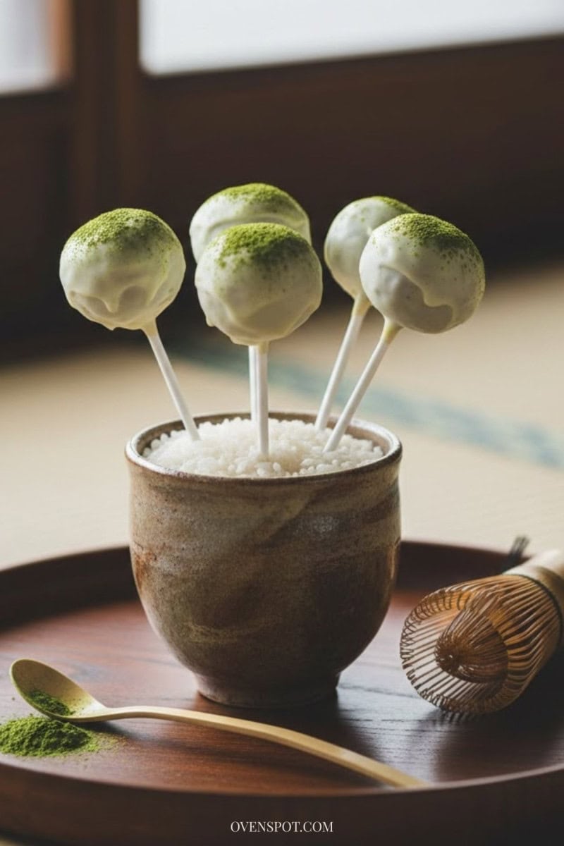 Matcha green tea cake pops displayed in a ceramic cup with bamboo whisk and tea