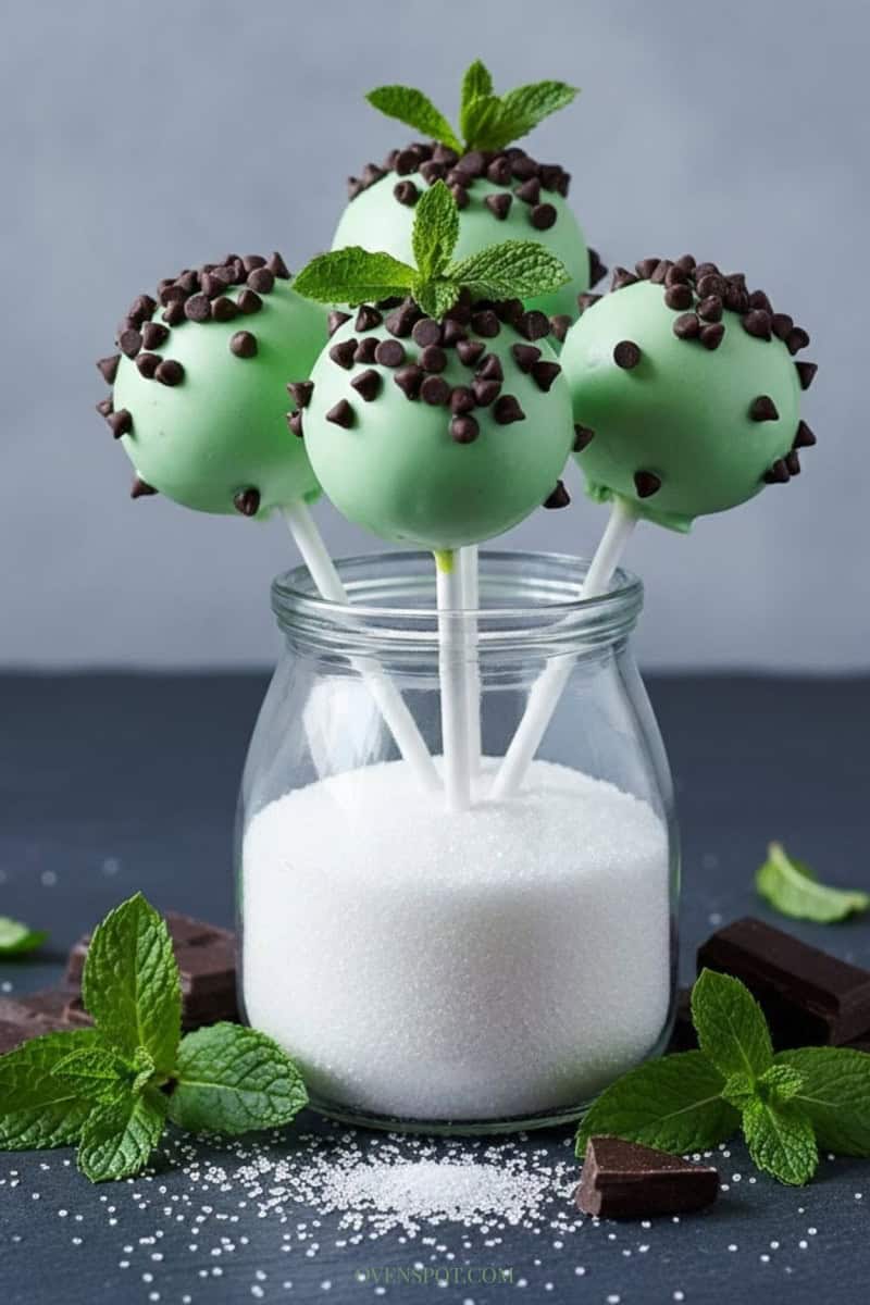 Mint chocolate chip cake pops standing in a glass of sugar with mint leaves and chocolate pieces